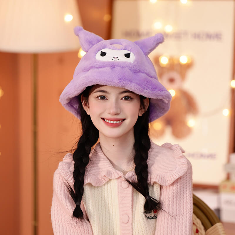 sanrio-licensed-purple-3d-kuromi-face-faux-fur-bucket-hat