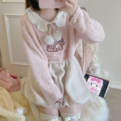 sanrio-my-sweet-piano-pink-cropped-sweater-with-collar-and-pom-pom