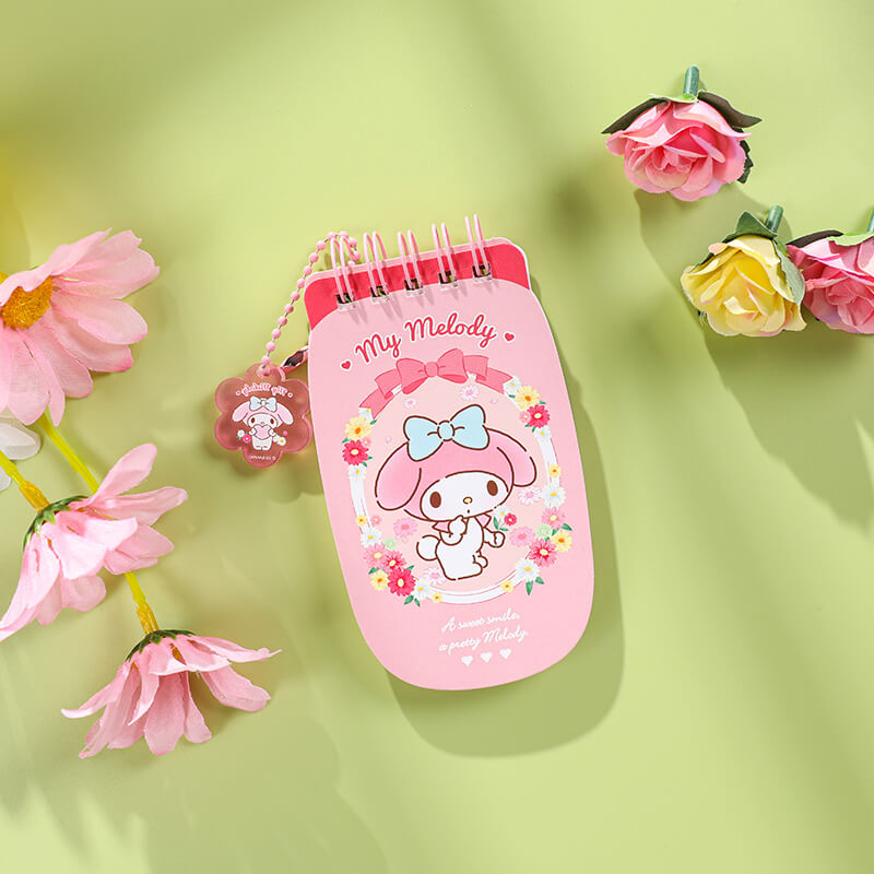 sanrio-romantic-flower-series-flip-phone-design--tiny-spiral-notebooks-with-pendant-pink-my-melody