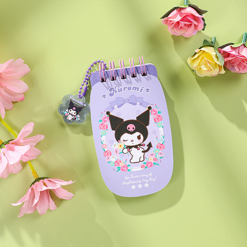 sanrio-romantic-flower-series-flip-phone-design-tiny-spiral-notebook-with-pendant-purple-kuromi