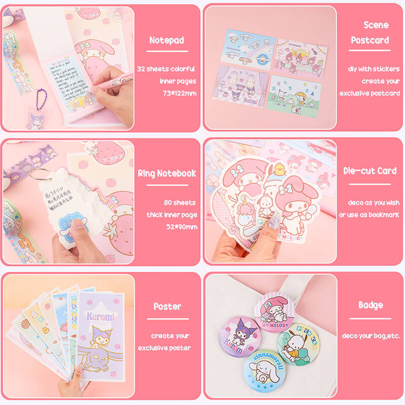 sanrio gift box including notepad, ring notebook, poster, scenepostcard, die-cut,card, badge