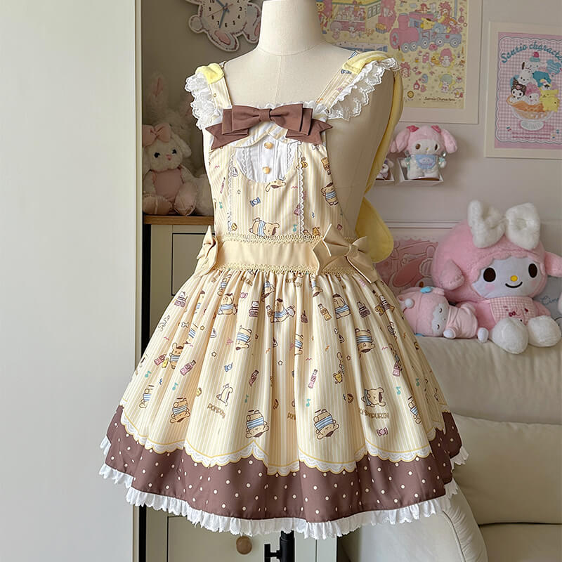 side-display-of-the-pompompurin-illustration-print-lolita-lace-trim-jumpskirt-with-bows-decor