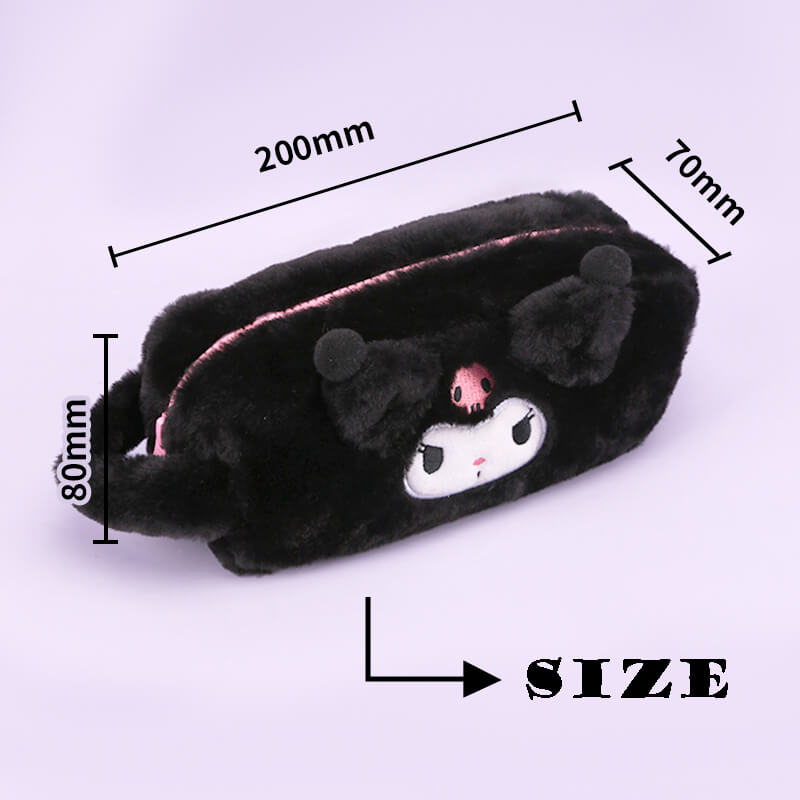 size-of-sanrio-licensed-black-fluffy-kuromi-large-capacity-pencil-case-with-handle