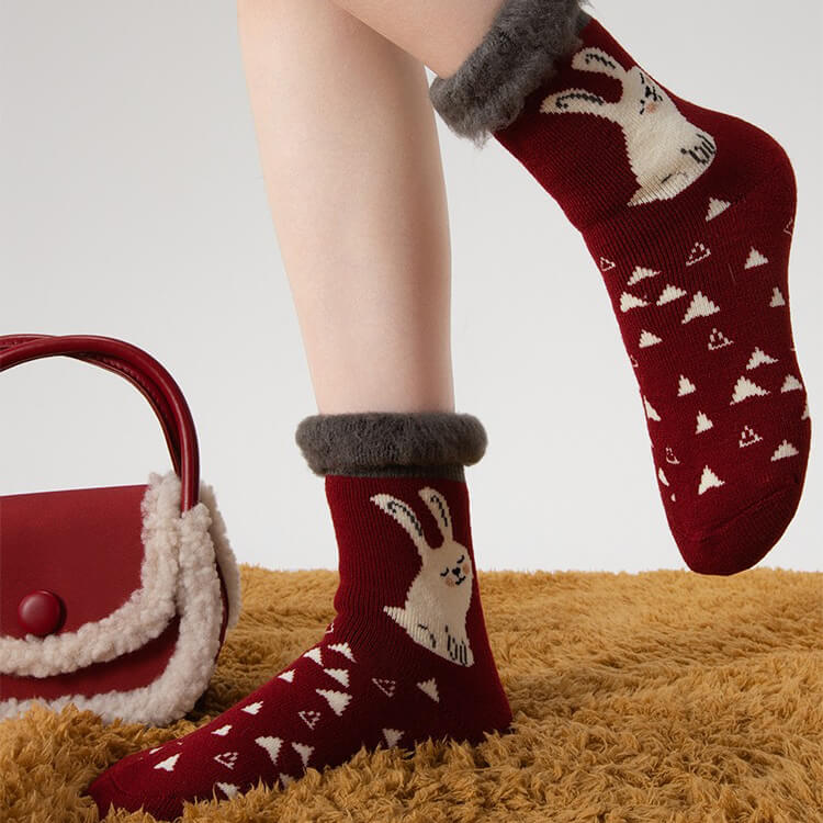 Red Christmas Fluffy Warm Home Sleeping Floor Socks