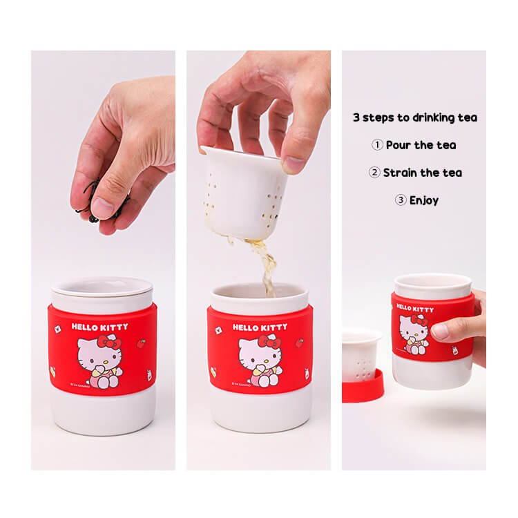 Double-Wall Insulated Hello Kitty Tea Cup with Silicone Sleeve