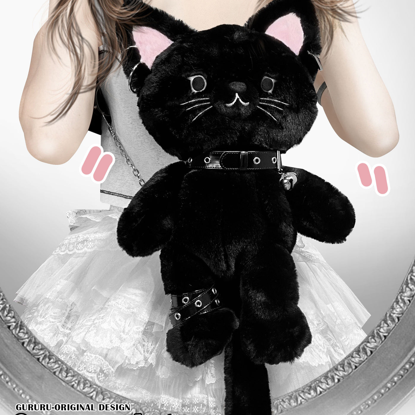 ultra-soft-long-hair-black-cat-plush-bag-with-adjustable-straps-collar-bell-and-zipper-pocket