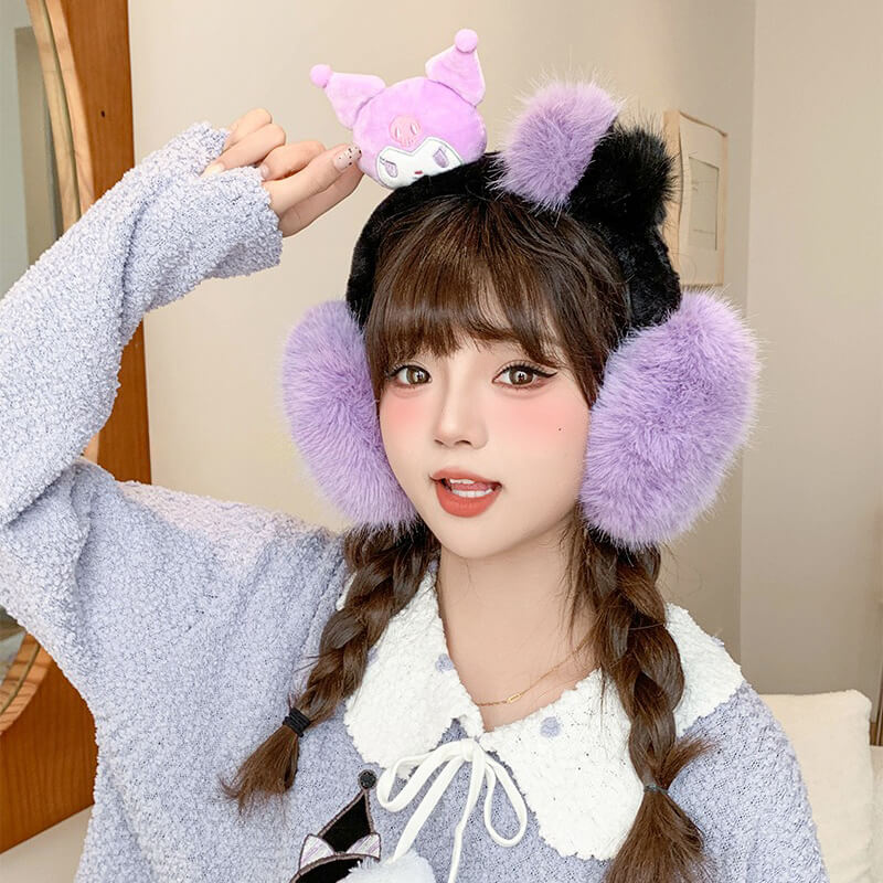 Kuromi Plush Pom-poms Earmuffs – KawaiiEnvy display picture 2