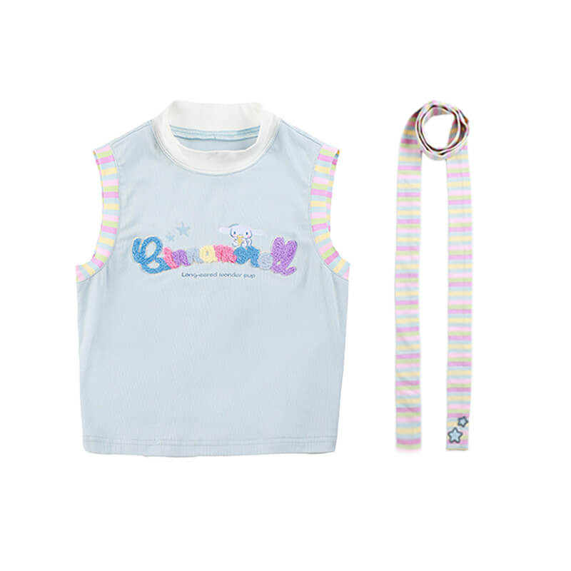 y2k-sanrio-licensed-cinnamoroll-towl-embroidery-blue-tank-top-with-colorful-striped-skinny-scarf-set