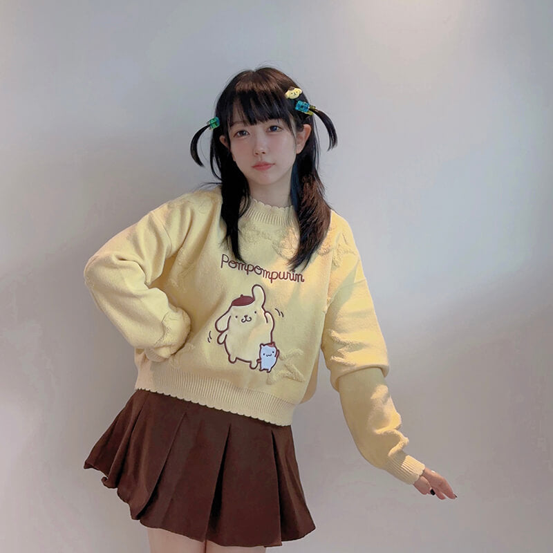 yellow-pompompurin-sweater-and-brown-mini-skirt