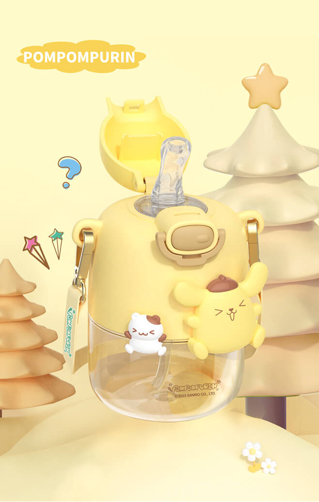 2023-coco-sanrio-series-rotatable-pompompurin-straw-water-bottle-with-strap-550ml