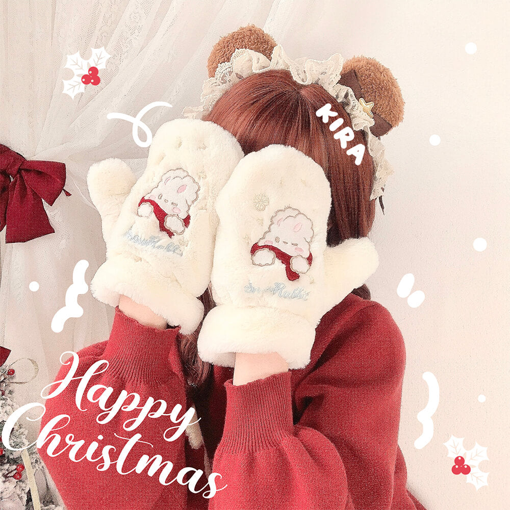 Christmas-Kawaii-Cute-Embroidery-Snowflake-and-Rabbit-Faux-Fur-Furry-Mittens