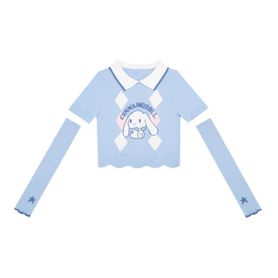 Cinnamoroll-Short-Sleeve-Alice-Pattern-Collared-Crop-Sweater-and-Star-Arm-Sleeve-Warmer-Set-in-blue