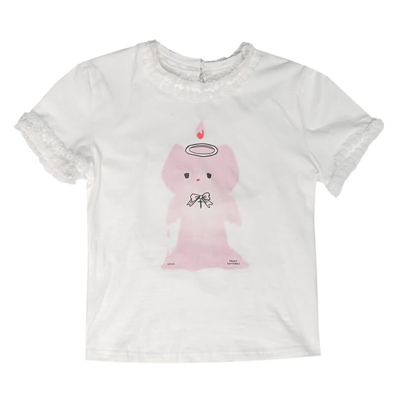 Cute-Angel-Kitten-Candle-Printed-Trim-Lace-Short-Sleeve-T-Shirt-white-background