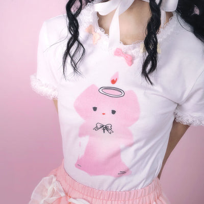 Cute-Angel-Kitten-Candle-Printed-Trim-Lace-Short-Sleeve-T-Shirt