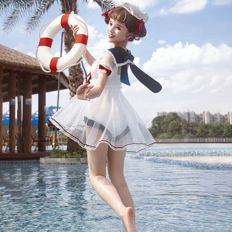 Cute-Girly-Sweetheart-Sailor-Collar-Navy-One-Piece-Swimsuit-model-display-nearby-water-side-detail