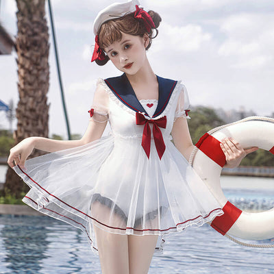 Cute-Girly-Sweetheart-Bow-Sailor-Collar-Navy-One-Piece-Swimsuit-model-display-nearby-water