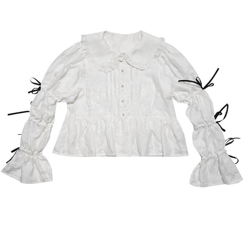 Girly Ribbon Bows Puff Sleeve Jacquard White Blouse