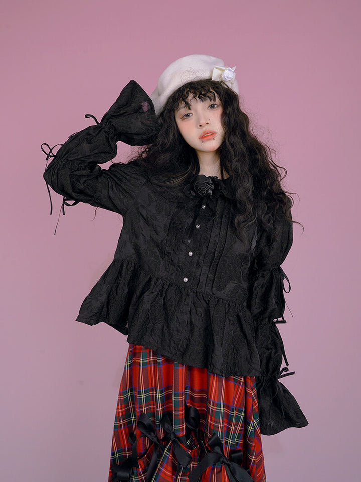 Girly Ribbon Bows Puff Sleeve Jacquard White Blouse - Kawaiienvy 