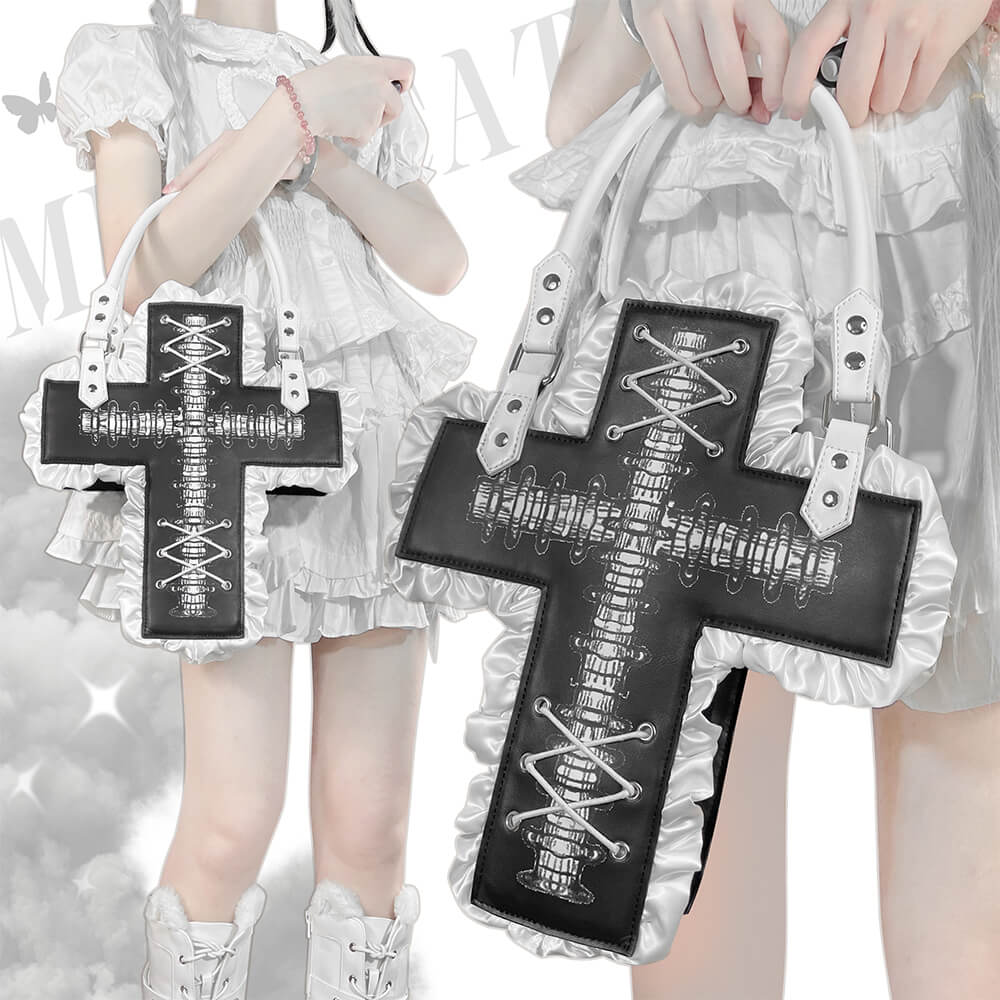 Gothic-Bone-Crosst-Lace-Ruffle-Cross-Shaped-PU-Handbag