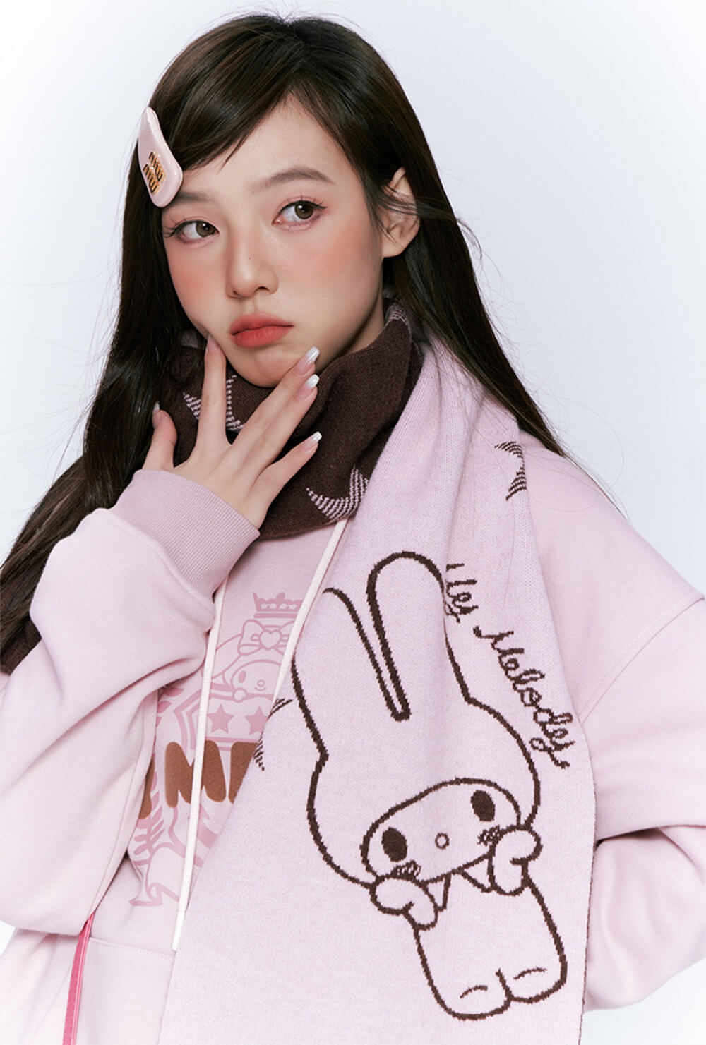 Japanese-girl-fashion-my-melody-preppy-look-styled-by-my-melody-pink-hoodie-and-my-melody-pink-scarf