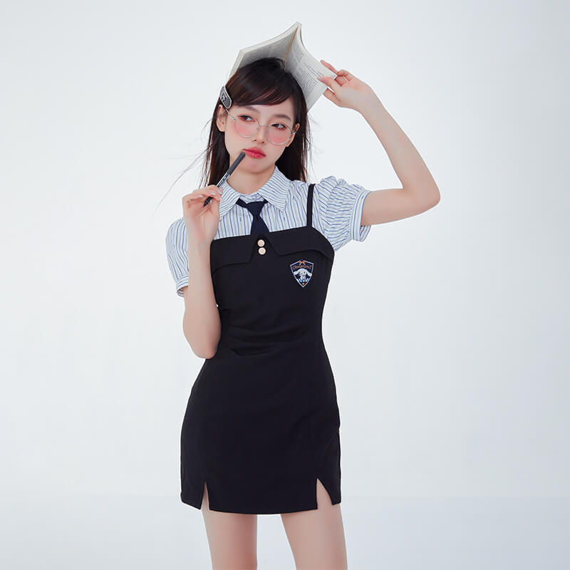Japanese-girl-fashion-outfit-styled-with-cinnamoroll-embroidery-badge-side-slits-black-suspender-dress