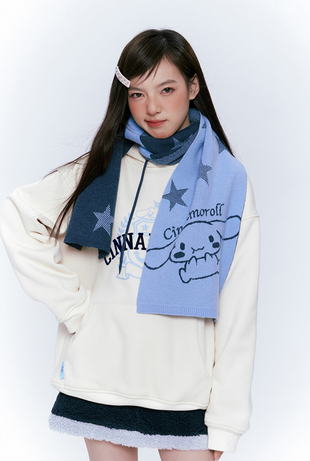 Japanese-girl-fashion-preppy-look-styled-by-cinnamoroll-cream-white-hoodie-and-cinnamorll-blue-scarf