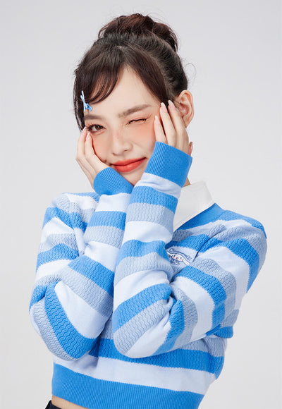 Japanese-style-kawaii-cinnamoroll-slim-fit-round-neck-striped-crop-sweater