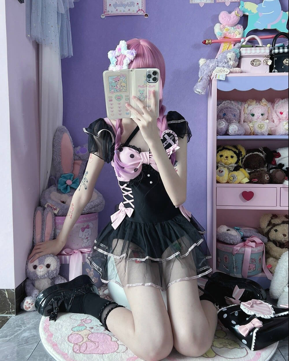 Kawaii-Polka-Dot-Bow-Black-Pink-One-Piece-Swimsuit-worn-in-girly-room