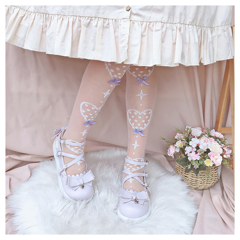 Kawaii-Lolita-Hearts Knee-Socks-white-socks-purple-bows