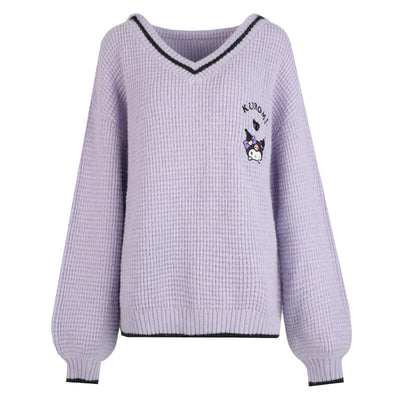 Kuromi-loose-knit-cricket-sweater-with-star-embroidery-sailor-collar-in-purple