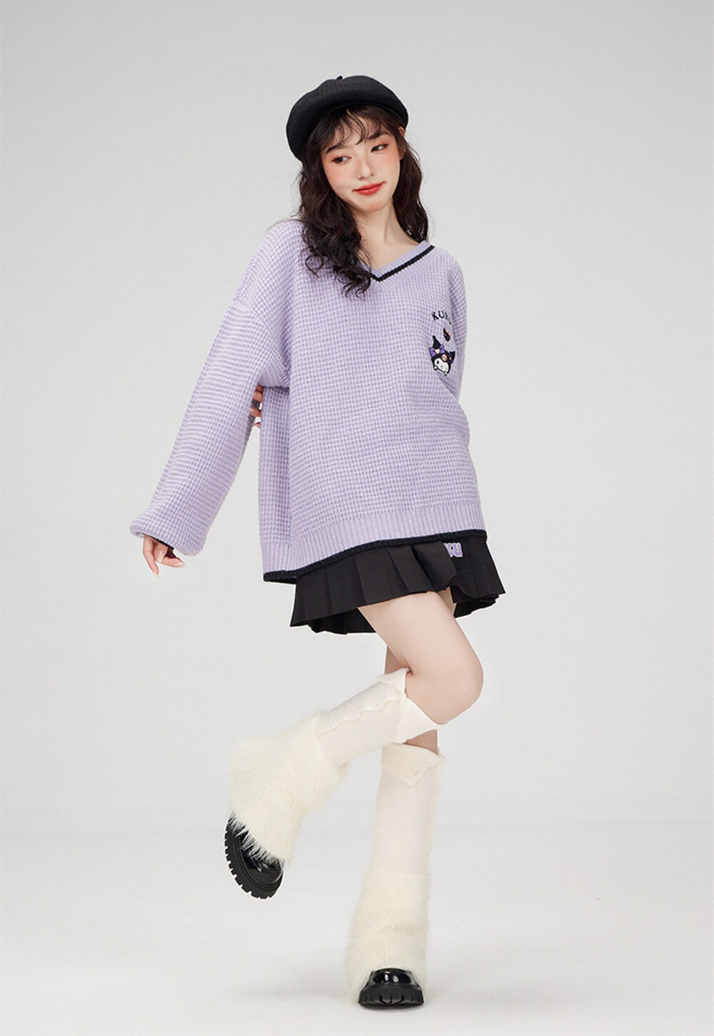 Kuromi-outfit-loose-knit-cricket-sweater-with-star-embroidery-sailor-collar