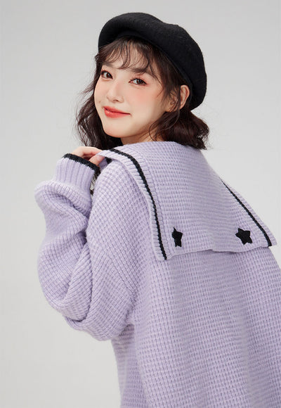 Kuromi-star-embroidery-sailor-collar-loose-knit-cricket-sweater