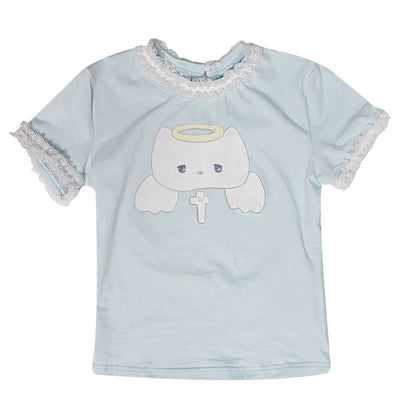 Light-Blue-Angel-Kitten-Cross-Printed-Trim-Lace-Short-Sleeve-T-Shirt