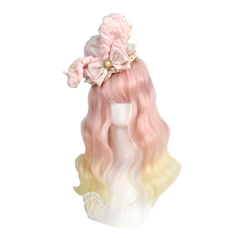 Lolita-Sweet-Wool-Curly-Medium-Length-Pink-Golden-Gradient-Color-Hair-Wig