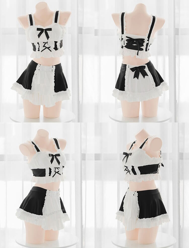 Lovely-black-white-ribbon-bows-layered-ruffle-hem-two-pieces-swimwear-front-back-side