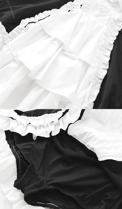Lovely-black-white-ribbon-bows-layered-ruffle-hem-two-pieces-swimwear-skirt-details