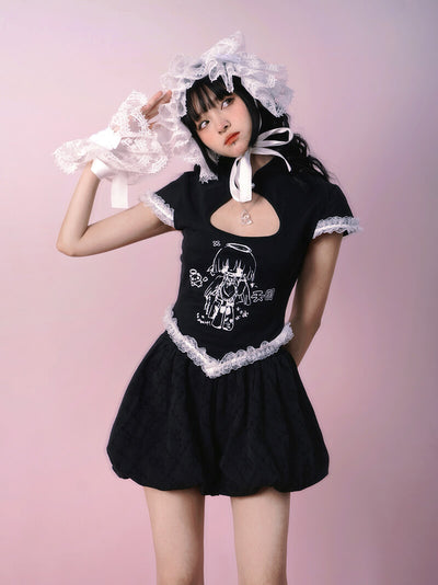 Maid-Print-Cutout-Heart-Cheongsam-Black-Short-Sleeve-T-Shirt-model-show