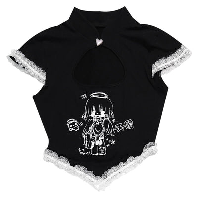 Maid-Print-Cutout-Heart-Cheongsam-Short-Sleeve-T-Shirt-black