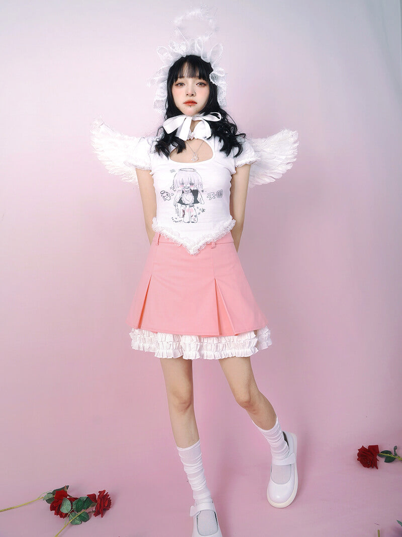 Maid-Print-Cutout-Heart-Cheongsam-White-Short-Sleeve-T-Shirt-Outfit