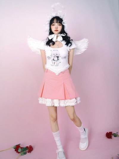 Maid-Print-Cutout-Heart-Cheongsam-White-Short-Sleeve-T-Shirt-Outfit