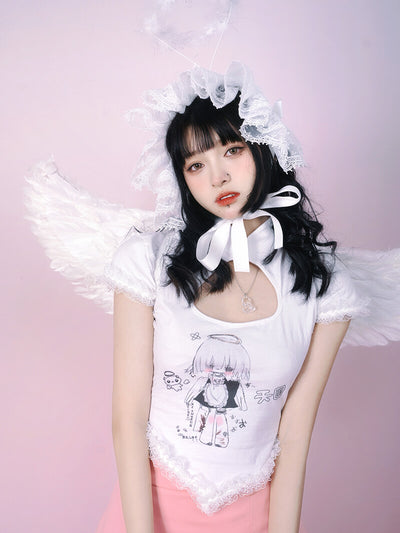 Maid-Print-Cutout-Heart-Cheongsam-White-Short-Sleeve-T-Shirt-model-display