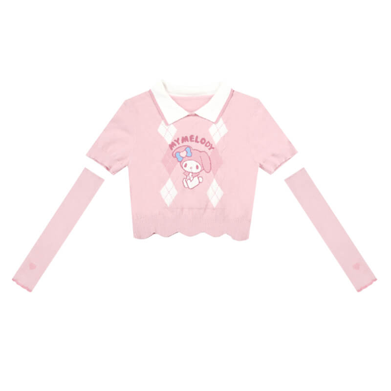 My-Melody-Short-Sleeve-Argyle-Pattern-Collared-Crop-Sweater-and-Heart-Arm-Sleeve-Warmer-Set-in-pink