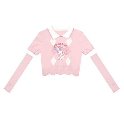 My-Melody-Short-Sleeve-Argyle-Pattern-Collared-Crop-Sweater-and-Heart-Arm-Sleeve-Warmer-Set-in-pink