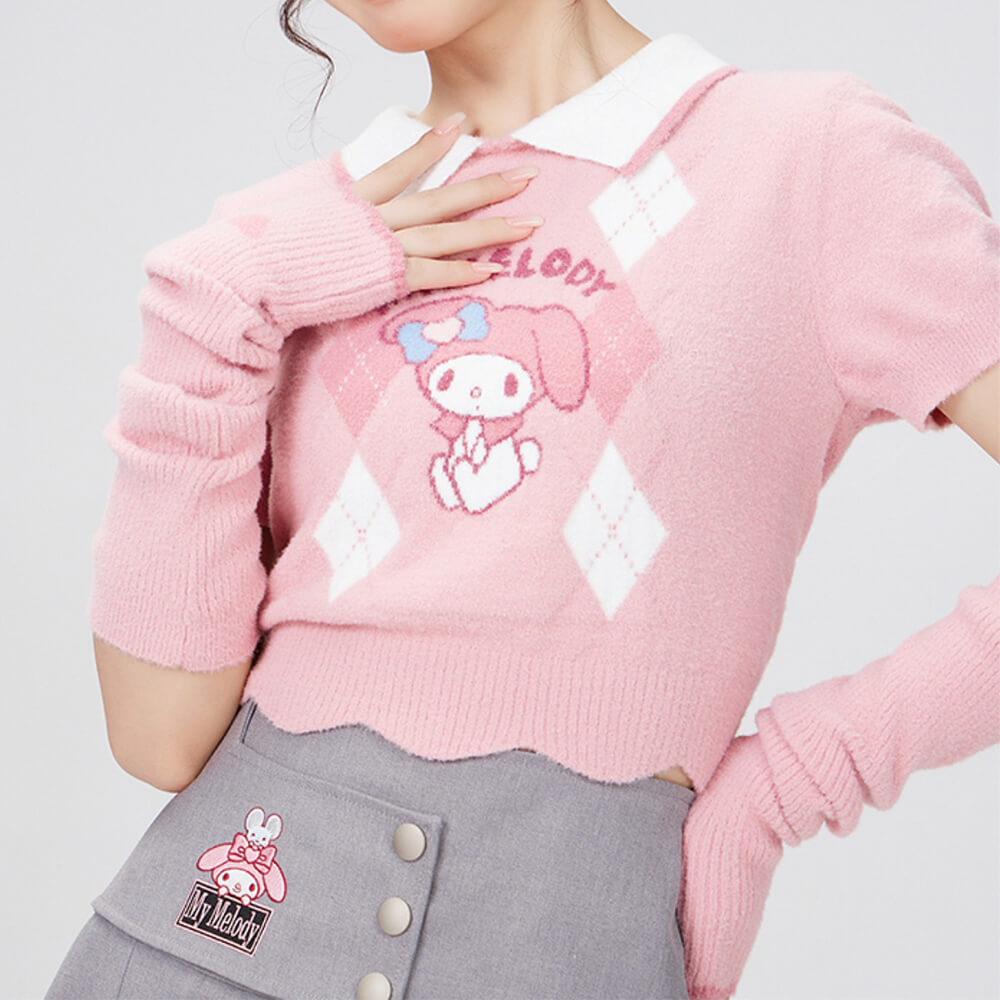 My-Melody-Short-Sleeve-Argyle-Pattern-Collared-Crop-Sweater-and-Heart-Arm-Sleeve-Warmer-Set-pink