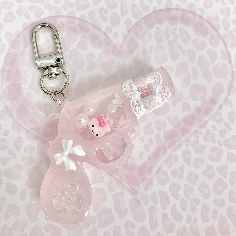 Pink-Resin-Gun-Charm-Keychain-with-bow-lace-decorated