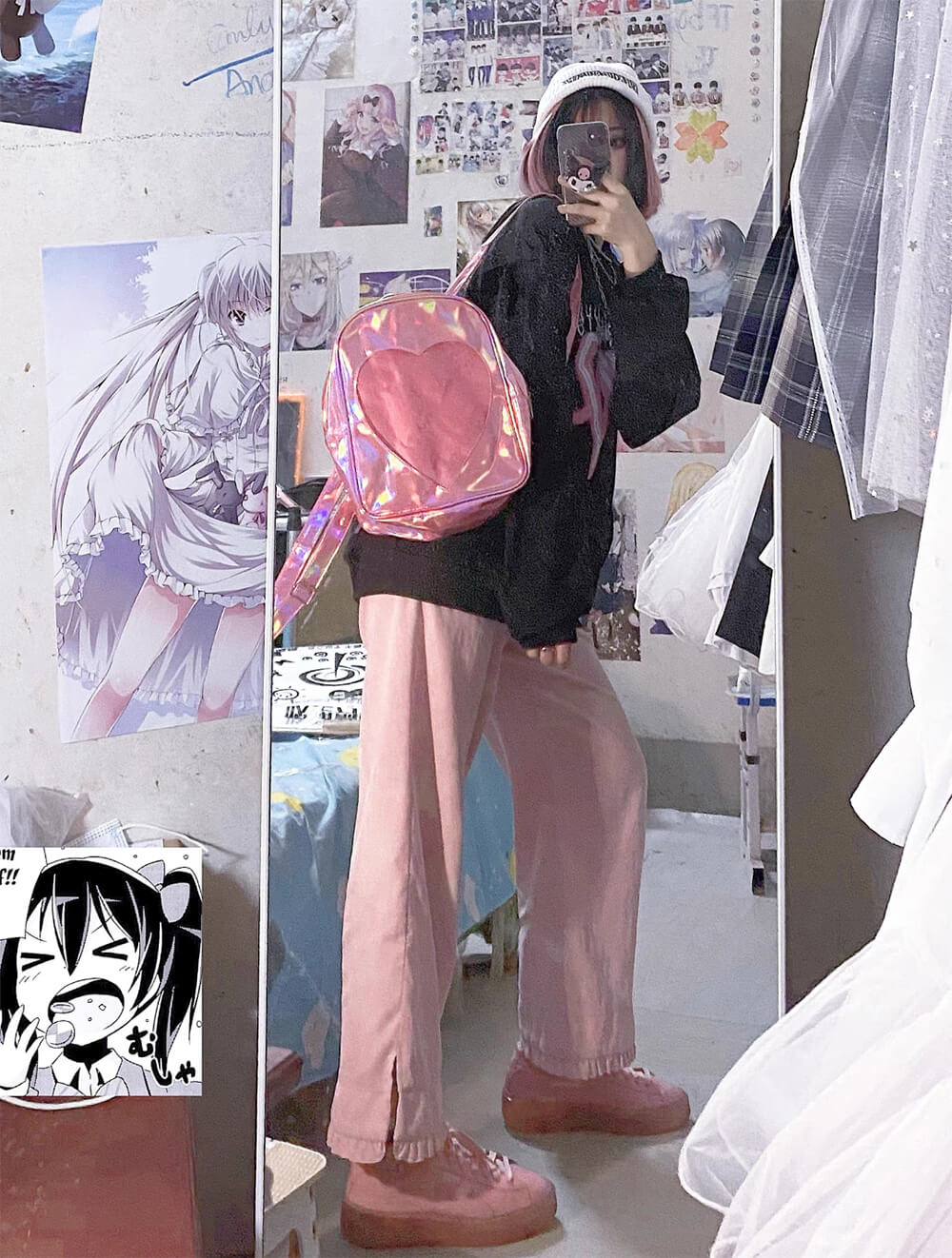 Pink-Heart-Laser-Backpack-match-with-cool-outfit