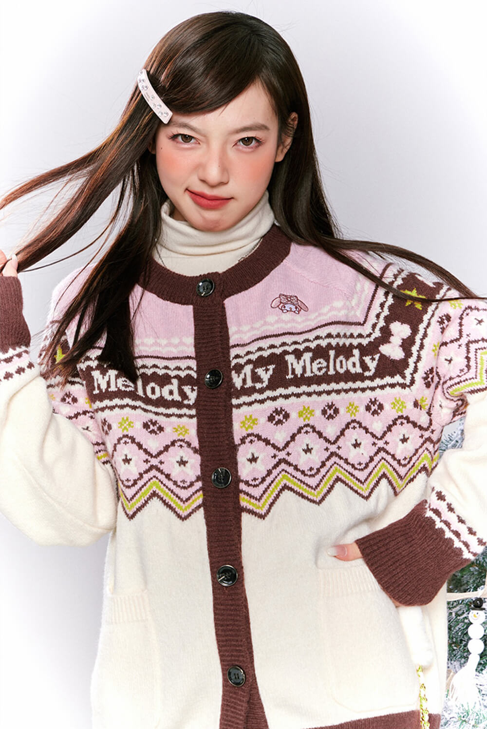 Sanrio-Authorized-My-Melody-Embroidery-Round-Neck-Off-Shoulder-Knit-Sweater-Cardigan-in-pink-brown