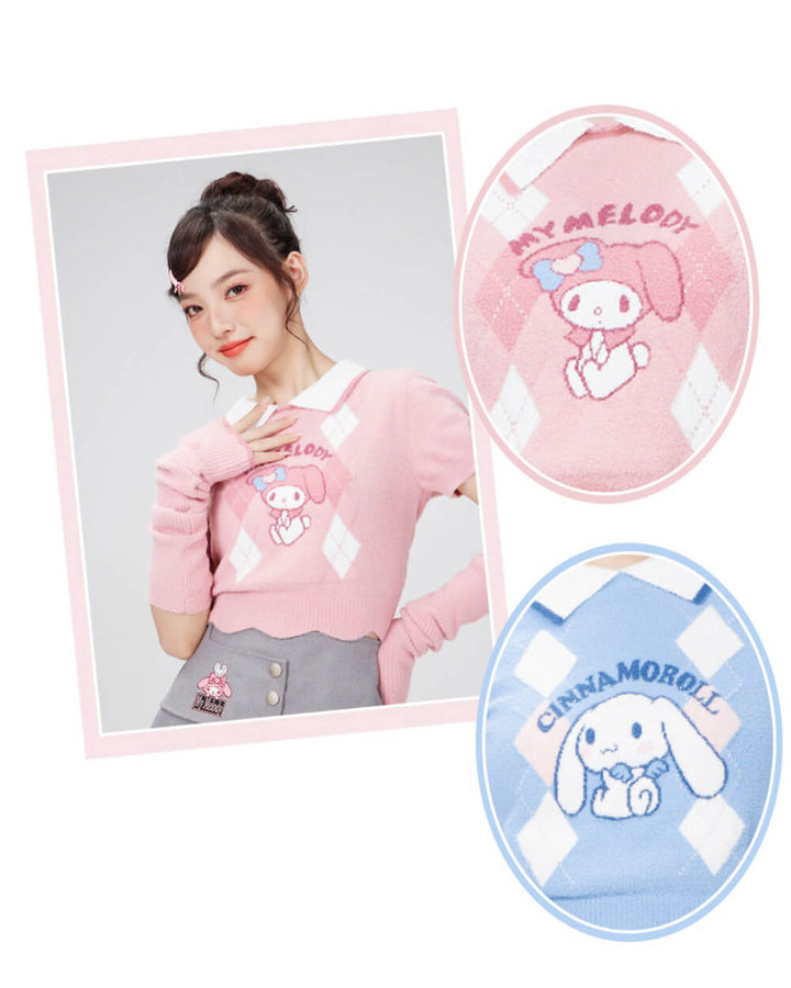 My Melody Argyle Short Sleeve Collared Crop Sweater – KawaiiEnvy