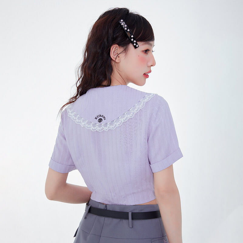 backside-display-of-sanrio-kuromi-lace-trim-sailor-collar-short-sleeve-double-breasted-purple-blouse