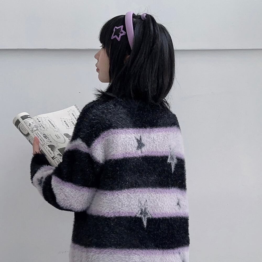 backside-display-of-the-sanrio-authorized-kuromi-star-v-neck-black-purple-striped-fuzzy-sweater